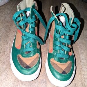 Burberry Forest green checked leather high top sneakers EU size 35